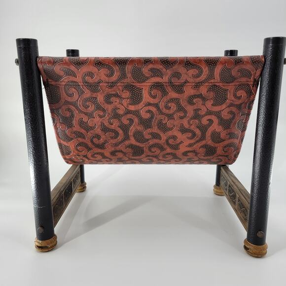 Vintage Log Holder Tan Black Embossed Tooled Leather Wood Magazine Storage - Picture 13 of 13